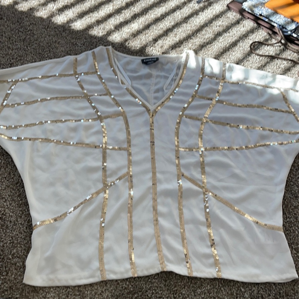 New Bebe white and gold sequin top size medium m